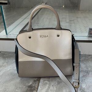 Furla Leather Handbag with Crossbody Strap - Eggshell White, Gray, and Black